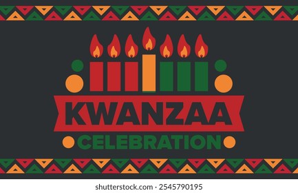 Kwanzaa Happy Celebration. African and African-American culture holiday. Seven days festival, celebrate annual from December 26 to January 1. Black history. Poster, card, banner and background. Vector