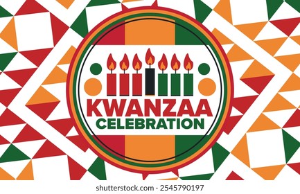 Kwanzaa Happy Celebration. African and African-American culture holiday. Seven days festival, celebrate annual from December 26 to January 1. Black history. Poster, card, banner and background. Vector