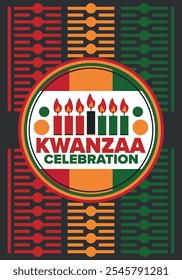 Celebración feliz de Kwanzaa. Festividad cultural afroamericana. Fiesta de los siete días, se celebra anualmente del 26 de diciembre al 1 de enero. Historia negra. Póster, tarjeta, Anuncio y fondo. Vector