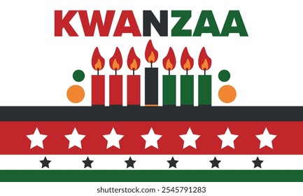 Kwanzaa Happy Celebration. African and African-American culture holiday. Seven days festival, celebrate annual from December 26 to January 1. Black history. Poster, card, banner and background. Vector