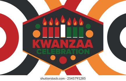 Celebración feliz de Kwanzaa. Festividad cultural afroamericana. Fiesta de los siete días, se celebra anualmente del 26 de diciembre al 1 de enero. Historia negra. Póster, tarjeta, Anuncio y fondo. Vector