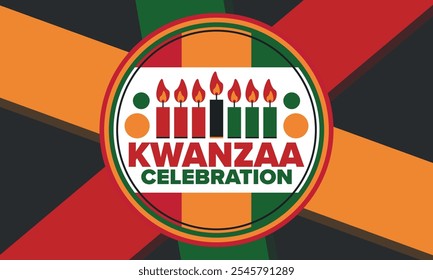 Celebración feliz de Kwanzaa. Festividad cultural afroamericana. Fiesta de los siete días, se celebra anualmente del 26 de diciembre al 1 de enero. Historia negra. Póster, tarjeta, Anuncio y fondo. Vector