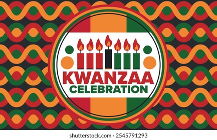 Celebración feliz de Kwanzaa. Festividad cultural afroamericana. Fiesta de los siete días, se celebra anualmente del 26 de diciembre al 1 de enero. Historia negra. Póster, tarjeta, Anuncio y fondo. Vector