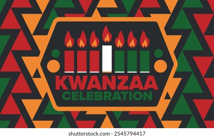 Celebración feliz de Kwanzaa. Festividad cultural afroamericana. Fiesta de los siete días, se celebra anualmente del 26 de diciembre al 1 de enero. Historia negra. Póster, tarjeta, Anuncio y fondo. Vector