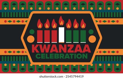 Celebración feliz de Kwanzaa. Festividad cultural afroamericana. Fiesta de los siete días, se celebra anualmente del 26 de diciembre al 1 de enero. Historia negra. Póster, tarjeta, Anuncio y fondo. Vector