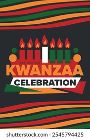 Celebración feliz de Kwanzaa. Festividad cultural afroamericana. Fiesta de los siete días, se celebra anualmente del 26 de diciembre al 1 de enero. Historia negra. Póster, tarjeta, Anuncio y fondo. Vector