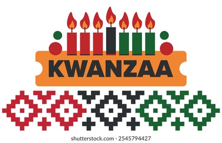 Celebración feliz de Kwanzaa. Festividad cultural afroamericana. Fiesta de los siete días, se celebra anualmente del 26 de diciembre al 1 de enero. Historia negra. Póster, tarjeta, Anuncio y fondo. Vector