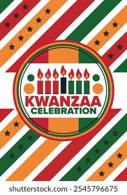 Celebración feliz de Kwanzaa. Festividad cultural afroamericana. Fiesta de los siete días, se celebra anualmente del 26 de diciembre al 1 de enero. Historia negra. Póster, tarjeta, Anuncio y fondo. Vector