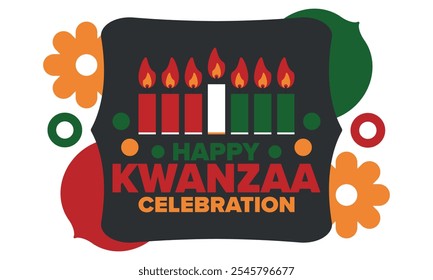 Celebración feliz de Kwanzaa. Festividad cultural afroamericana. Fiesta de los siete días, se celebra anualmente del 26 de diciembre al 1 de enero. Historia negra. Póster, tarjeta, Anuncio y fondo. Vector