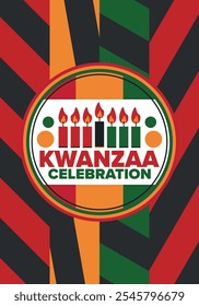 Celebración feliz de Kwanzaa. Festividad cultural afroamericana. Fiesta de los siete días, se celebra anualmente del 26 de diciembre al 1 de enero. Historia negra. Póster, tarjeta, Anuncio y fondo. Vector