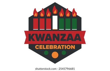 Kwanzaa Happy Celebration. African and African-American culture holiday. Seven days festival, celebrate annual from December 26 to January 1. Black history. Poster, card, banner and background. Vector