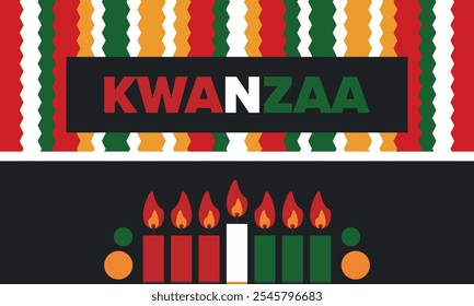 Celebración feliz de Kwanzaa. Festividad cultural afroamericana. Fiesta de los siete días, se celebra anualmente del 26 de diciembre al 1 de enero. Historia negra. Póster, tarjeta, Anuncio y fondo. Vector