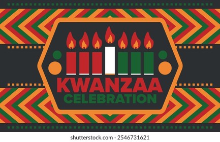 Celebración feliz de Kwanzaa. Festividad cultural afroamericana. Fiesta de los siete días, se celebra anualmente del 26 de diciembre al 1 de enero. Historia negra. Póster, tarjeta, Anuncio y fondo. Vector