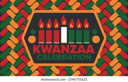 Celebración feliz de Kwanzaa. Festividad cultural afroamericana. Fiesta de los siete días, se celebra anualmente del 26 de diciembre al 1 de enero. Historia negra. Póster, tarjeta, Anuncio y fondo. Vector