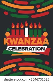 Celebración feliz de Kwanzaa. Festividad cultural afroamericana. Fiesta de los siete días, se celebra anualmente del 26 de diciembre al 1 de enero. Historia negra. Póster, tarjeta, Anuncio y fondo. Vector