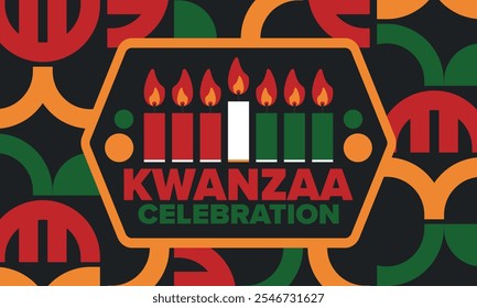 Celebración feliz de Kwanzaa. Festividad cultural afroamericana. Fiesta de los siete días, se celebra anualmente del 26 de diciembre al 1 de enero. Historia negra. Póster, tarjeta, Anuncio y fondo. Vector