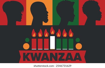 Celebración feliz de Kwanzaa. Festividad cultural afroamericana. Fiesta de los siete días, se celebra anualmente del 26 de diciembre al 1 de enero. Historia negra. Póster, tarjeta, Anuncio y fondo. Vector