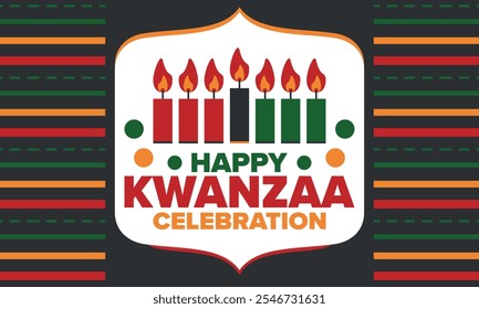 Celebración feliz de Kwanzaa. Festividad cultural afroamericana. Fiesta de los siete días, se celebra anualmente del 26 de diciembre al 1 de enero. Historia negra. Póster, tarjeta, Anuncio y fondo. Vector