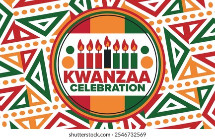 Kwanzaa Happy Celebration. African and African-American culture holiday. Seven days festival, celebrate annual from December 26 to January 1. Black history. Poster, card, banner and background. Vector