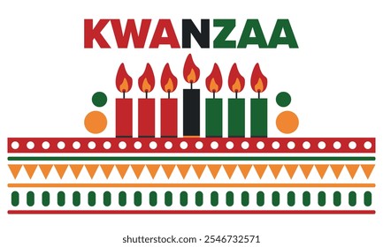 Celebración feliz de Kwanzaa. Festividad cultural afroamericana. Fiesta de los siete días, se celebra anualmente del 26 de diciembre al 1 de enero. Historia negra. Póster, tarjeta, Anuncio y fondo. Vector