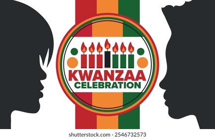 Celebración feliz de Kwanzaa. Festividad cultural afroamericana. Fiesta de los siete días, se celebra anualmente del 26 de diciembre al 1 de enero. Historia negra. Póster, tarjeta, Anuncio y fondo. Vector