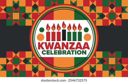 Celebración feliz de Kwanzaa. Festividad cultural afroamericana. Fiesta de los siete días, se celebra anualmente del 26 de diciembre al 1 de enero. Historia negra. Póster, tarjeta, Anuncio y fondo. Vector