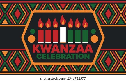 Celebración feliz de Kwanzaa. Festividad cultural afroamericana. Fiesta de los siete días, se celebra anualmente del 26 de diciembre al 1 de enero. Historia negra. Póster, tarjeta, Anuncio y fondo. Vector