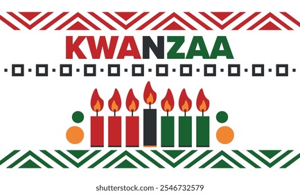 Celebración feliz de Kwanzaa. Festividad cultural afroamericana. Fiesta de los siete días, se celebra anualmente del 26 de diciembre al 1 de enero. Historia negra. Póster, tarjeta, Anuncio y fondo. Vector