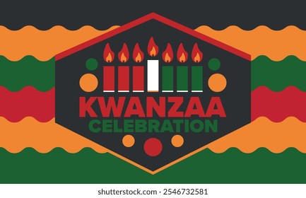 Celebración feliz de Kwanzaa. Festividad cultural afroamericana. Fiesta de los siete días, se celebra anualmente del 26 de diciembre al 1 de enero. Historia negra. Póster, tarjeta, Anuncio y fondo. Vector