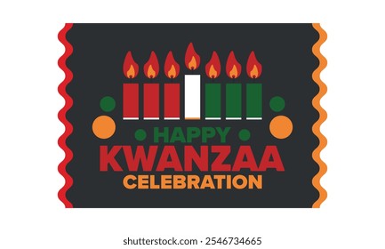 Celebración feliz de Kwanzaa. Festividad cultural afroamericana. Fiesta de los siete días, se celebra anualmente del 26 de diciembre al 1 de enero. Historia negra. Póster, tarjeta, Anuncio y fondo. Vector