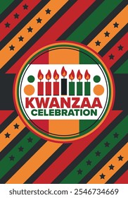 Celebración feliz de Kwanzaa. Festividad cultural afroamericana. Fiesta de los siete días, se celebra anualmente del 26 de diciembre al 1 de enero. Historia negra. Póster, tarjeta, Anuncio y fondo. Vector