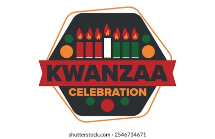 Celebración feliz de Kwanzaa. Festividad cultural afroamericana. Fiesta de los siete días, se celebra anualmente del 26 de diciembre al 1 de enero. Historia negra. Póster, tarjeta, Anuncio y fondo. Vector