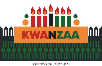 Kwanzaa Happy Celebration. African and African-American culture holiday. Seven days festival, celebrate annual from December 26 to January 1. Black history. Poster, card, banner and background. Vector