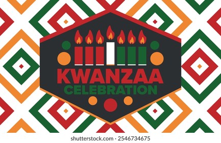 Celebración feliz de Kwanzaa. Festividad cultural afroamericana. Fiesta de los siete días, se celebra anualmente del 26 de diciembre al 1 de enero. Historia negra. Póster, tarjeta, Anuncio y fondo. Vector