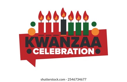 Celebración feliz de Kwanzaa. Festividad cultural afroamericana. Fiesta de los siete días, se celebra anualmente del 26 de diciembre al 1 de enero. Historia negra. Póster, tarjeta, Anuncio y fondo. Vector