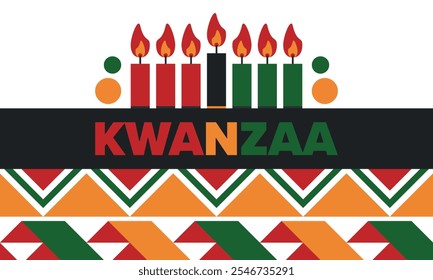 Celebración feliz de Kwanzaa. Festividad cultural afroamericana. Fiesta de los siete días, se celebra anualmente del 26 de diciembre al 1 de enero. Historia negra. Póster, tarjeta, Anuncio y fondo. Vector