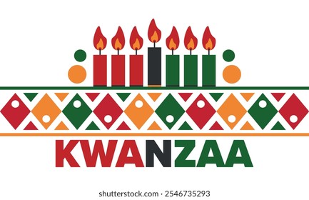 Celebración feliz de Kwanzaa. Festividad cultural afroamericana. Fiesta de los siete días, se celebra anualmente del 26 de diciembre al 1 de enero. Historia negra. Póster, tarjeta, Anuncio y fondo. Vector