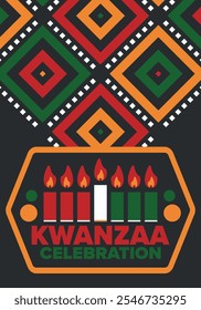 Kwanzaa Happy Celebration. African and African-American culture holiday. Seven days festival, celebrate annual from December 26 to January 1. Black history. Poster, card, banner and background. Vector