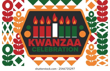 Kwanzaa Happy Celebration. African and African-American culture holiday. Seven days festival, celebrate annual from December 26 to January 1. Black history. Poster, card, banner and background. Vector