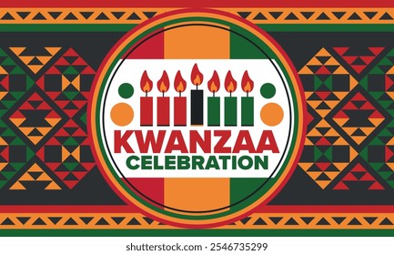 Kwanzaa Happy Celebration. African and African-American culture holiday. Seven days festival, celebrate annual from December 26 to January 1. Black history. Poster, card, banner and background. Vector