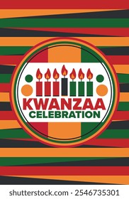 Celebración feliz de Kwanzaa. Festividad cultural afroamericana. Fiesta de los siete días, se celebra anualmente del 26 de diciembre al 1 de enero. Historia negra. Póster, tarjeta, Anuncio y fondo. Vector