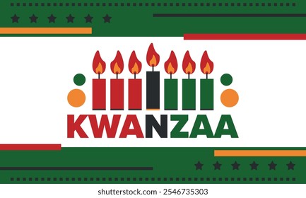 Celebración feliz de Kwanzaa. Festividad cultural afroamericana. Fiesta de los siete días, se celebra anualmente del 26 de diciembre al 1 de enero. Historia negra. Póster, tarjeta, Anuncio y fondo. Vector