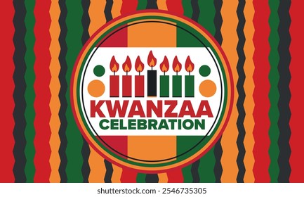 Celebración feliz de Kwanzaa. Festividad cultural afroamericana. Fiesta de los siete días, se celebra anualmente del 26 de diciembre al 1 de enero. Historia negra. Póster, tarjeta, Anuncio y fondo. Vector