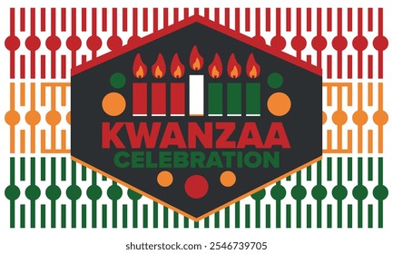 Celebración feliz de Kwanzaa. Festividad cultural afroamericana. Fiesta de los siete días, se celebra anualmente del 26 de diciembre al 1 de enero. Historia negra. Póster, tarjeta, Anuncio y fondo. Vector