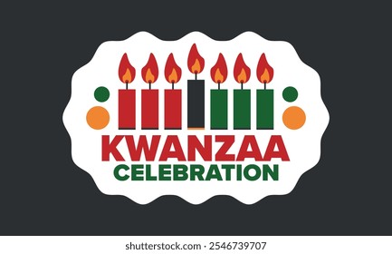 Celebración feliz de Kwanzaa. Festividad cultural afroamericana. Fiesta de los siete días, se celebra anualmente del 26 de diciembre al 1 de enero. Historia negra. Póster, tarjeta, Anuncio y fondo. Vector