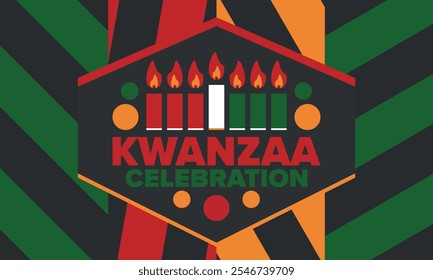 Celebración feliz de Kwanzaa. Festividad cultural afroamericana. Fiesta de los siete días, se celebra anualmente del 26 de diciembre al 1 de enero. Historia negra. Póster, tarjeta, Anuncio y fondo. Vector