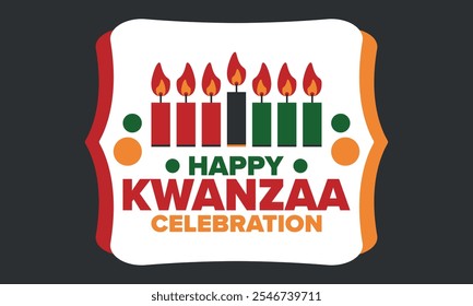 Celebración feliz de Kwanzaa. Festividad cultural afroamericana. Fiesta de los siete días, se celebra anualmente del 26 de diciembre al 1 de enero. Historia negra. Póster, tarjeta, Anuncio y fondo. Vector