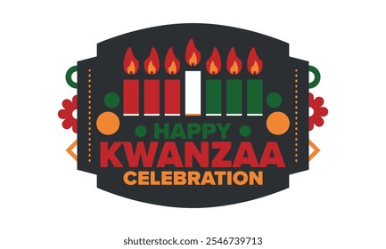 Celebración feliz de Kwanzaa. Festividad cultural afroamericana. Fiesta de los siete días, se celebra anualmente del 26 de diciembre al 1 de enero. Historia negra. Póster, tarjeta, Anuncio y fondo. Vector