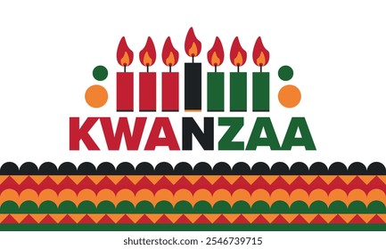 Celebración feliz de Kwanzaa. Festividad cultural afroamericana. Fiesta de los siete días, se celebra anualmente del 26 de diciembre al 1 de enero. Historia negra. Póster, tarjeta, Anuncio y fondo. Vector