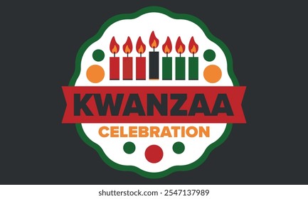 Kwanzaa Happy Celebration. African and African-American culture holiday. Seven days festival, celebrate annual from December 26 to January 1. Black history. Poster, card, banner and background. Vector